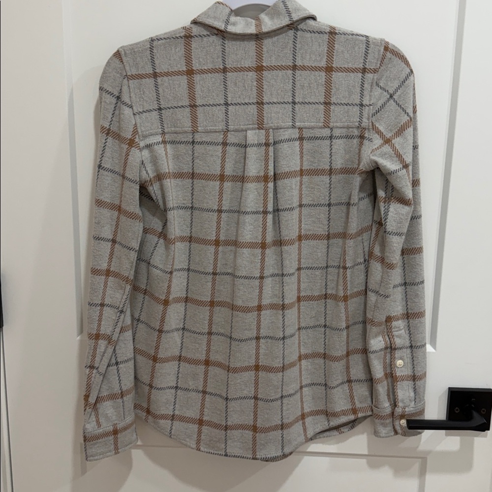 Faherty Button-Up Plaid Sweater Shirt in Light Gray and Camel - Picture 2 of 3